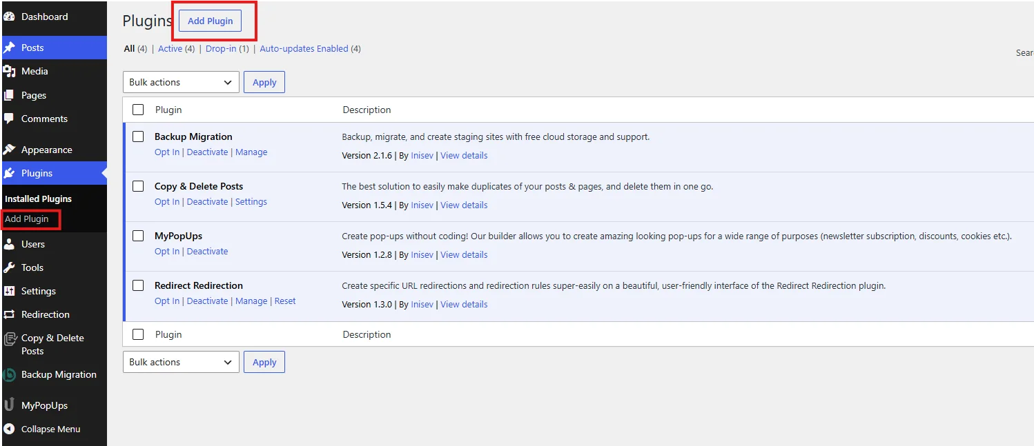 WordPress admin dashboard with the Plugins menu expanded to Add Plugin