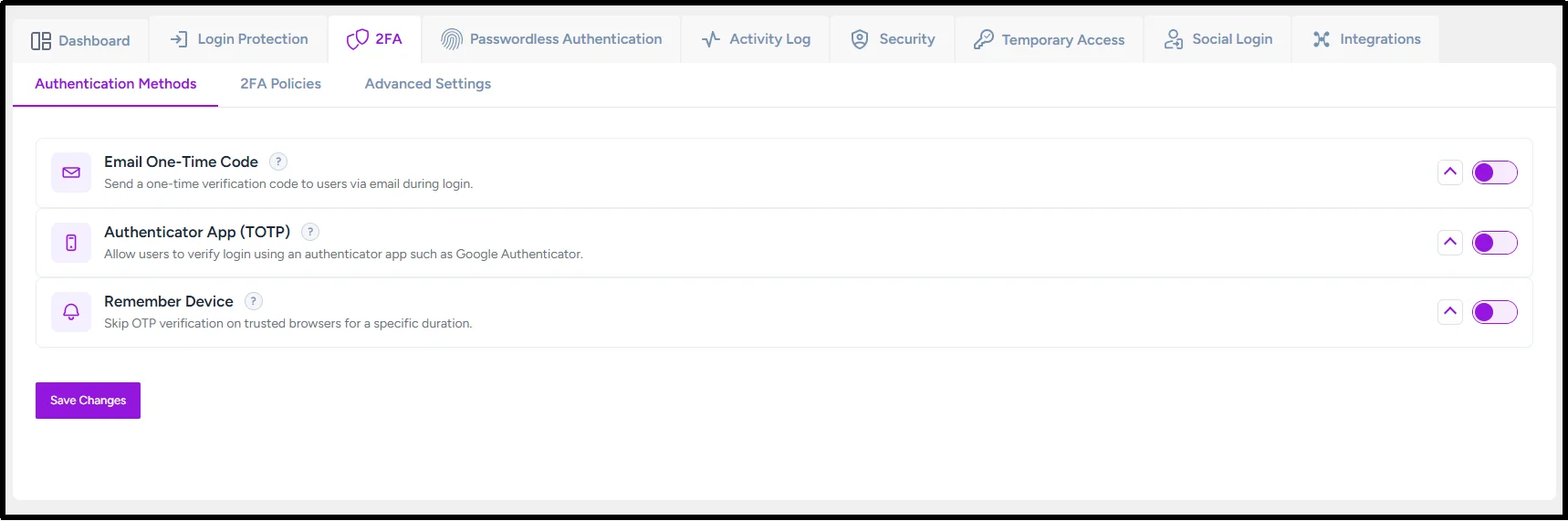 Two-factor authentication methods in All in One Login