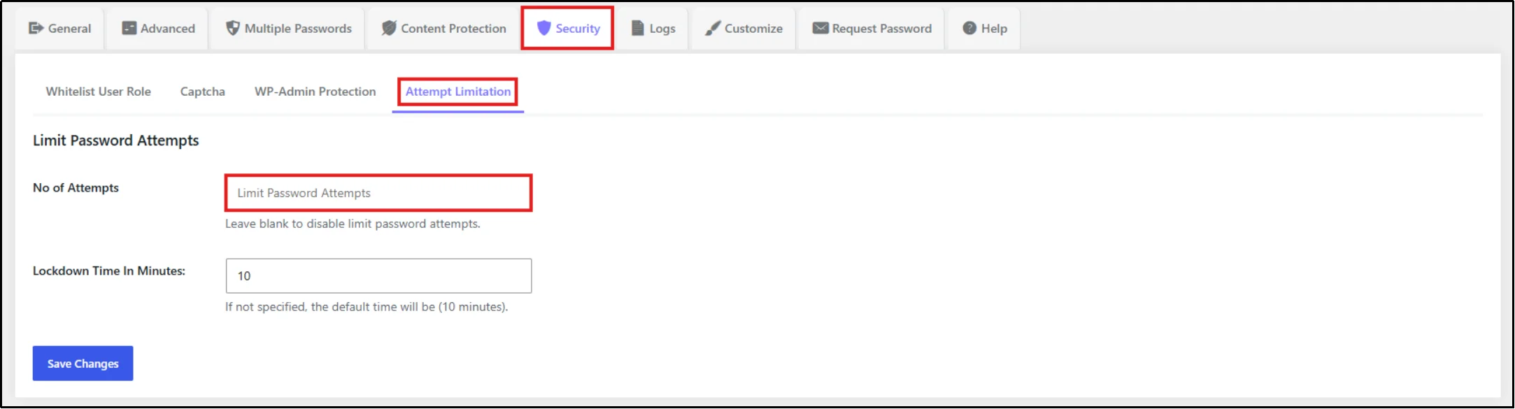 Attempt Limitation settings to block failed logins