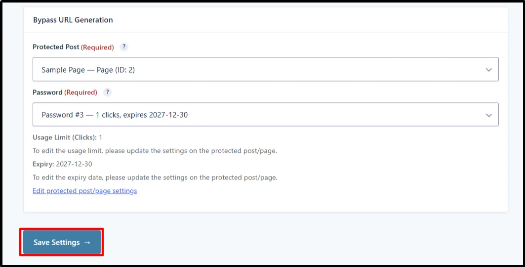 Bypass URL Generation settings with protected page and password selected and Save Settings button
