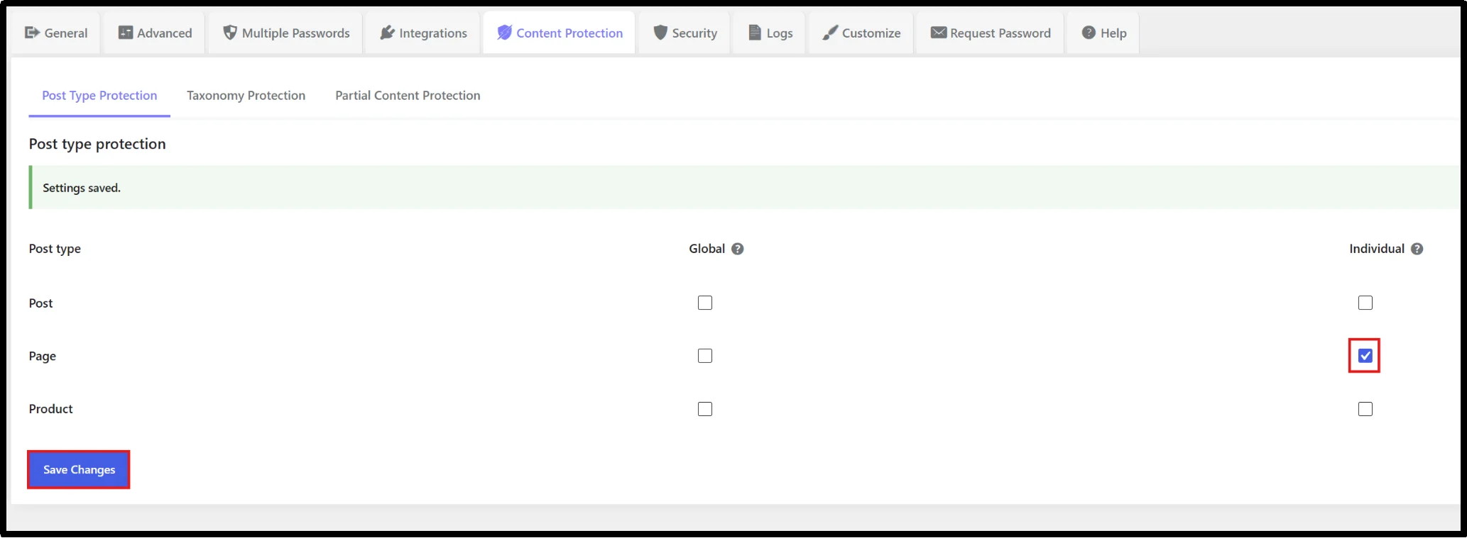 Password Protected Content Protection settings with individual Page protection enabled