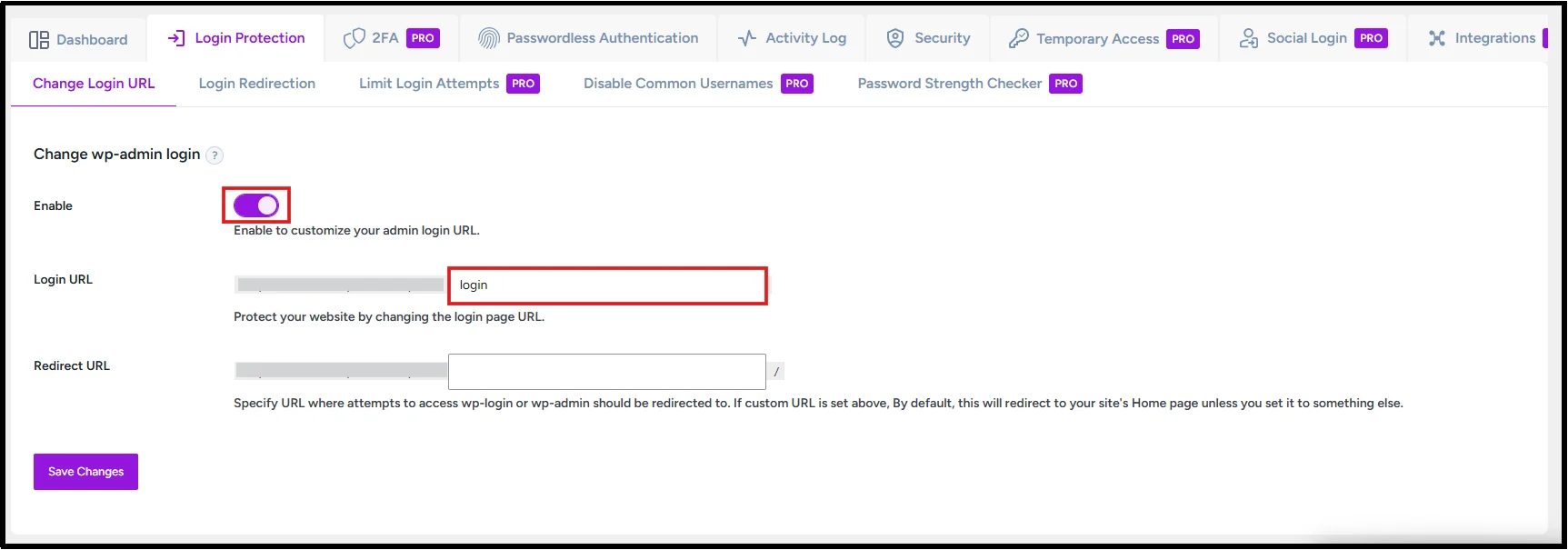 Change wp-admin login URL option enabled