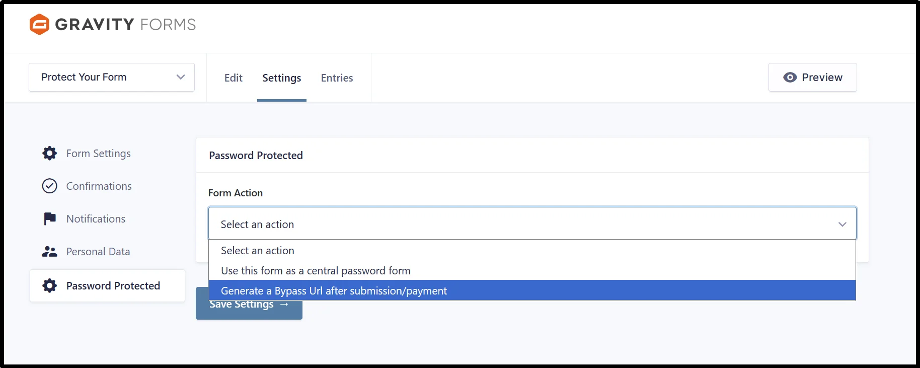 Form Action dropdown with the Generate a Bypass URL after submission/payment option selected