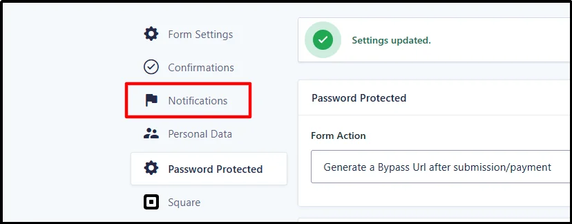 Gravity Forms settings updated message with the Notifications option highlighted