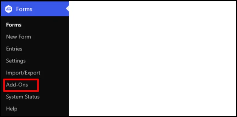 Gravity Forms menu in WordPress with the Add-Ons option highlighted