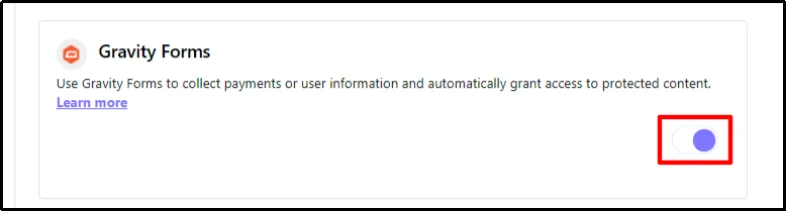 Gravity Forms integration toggle switched on in Password Protected