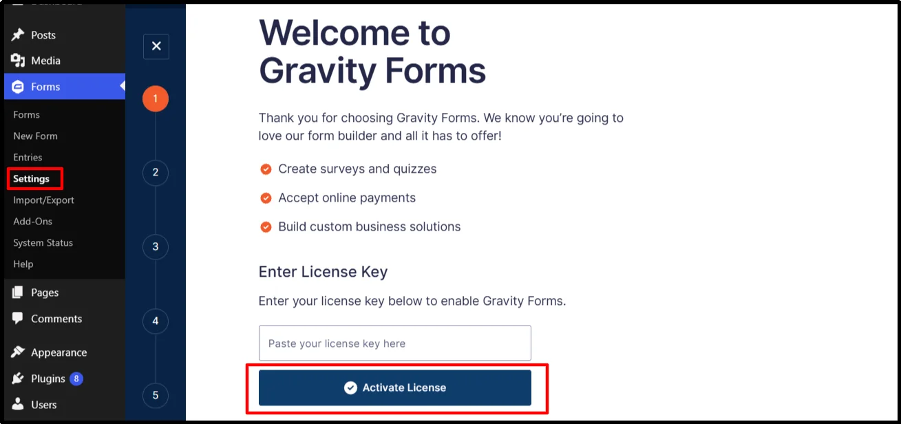 Gravity Forms welcome screen with the license key field and Activate License button