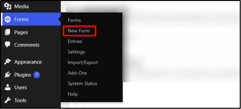 Gravity Forms menu in WordPress with the New Form option highlighted