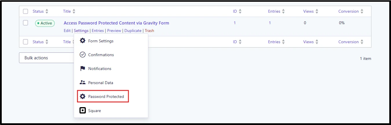 Gravity Forms form Settings menu with the Password Protected option highlighted