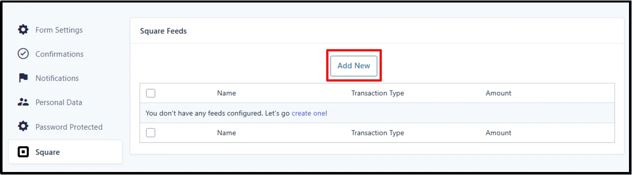 Gravity Forms Square Feeds settings with the Add New button highlighted