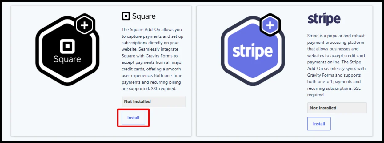 Gravity Forms Square and Stripe payment add-ons with the Square Install button highlighted