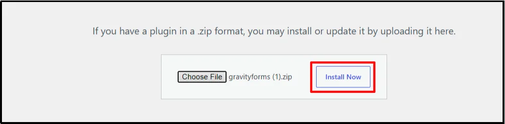 Gravity Forms ZIP file uploaded in WordPress with the Install Now button highlighted