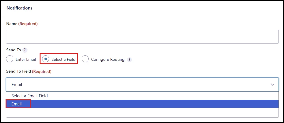 Gravity Forms notification Send To set to Select a Field with the Email field chosen