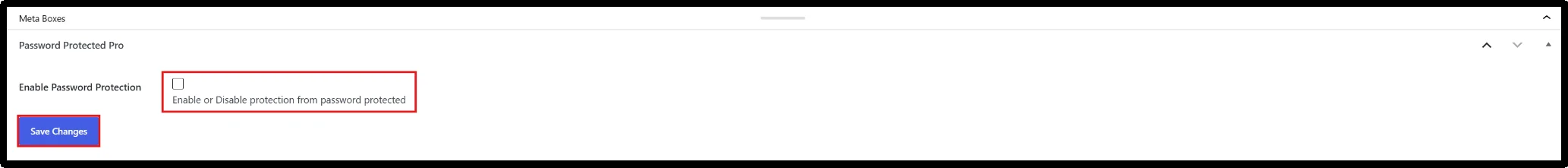 Enable Password Protection checkbox in the WordPress page editor with Save Changes button