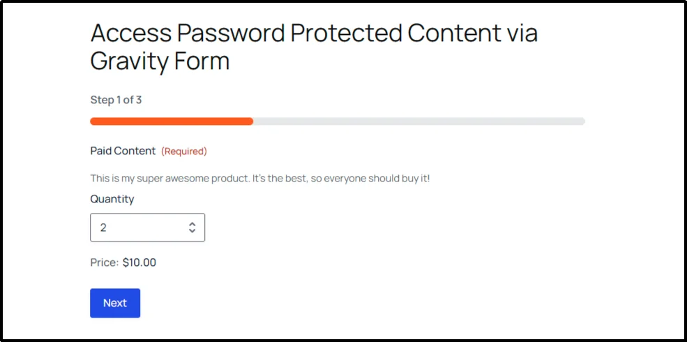 Front-end preview of a Gravity Forms payment form for buying access to password protected content