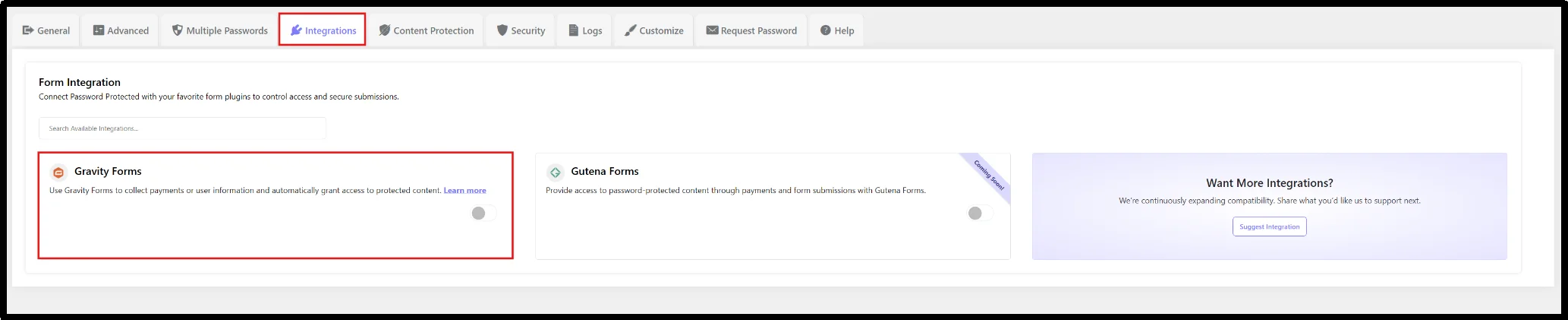 Password Protected Integrations tab showing the Gravity Forms integration