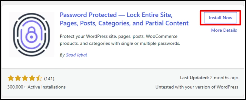 Password Protected plugin in the WordPress plugin directory with the Install Now button