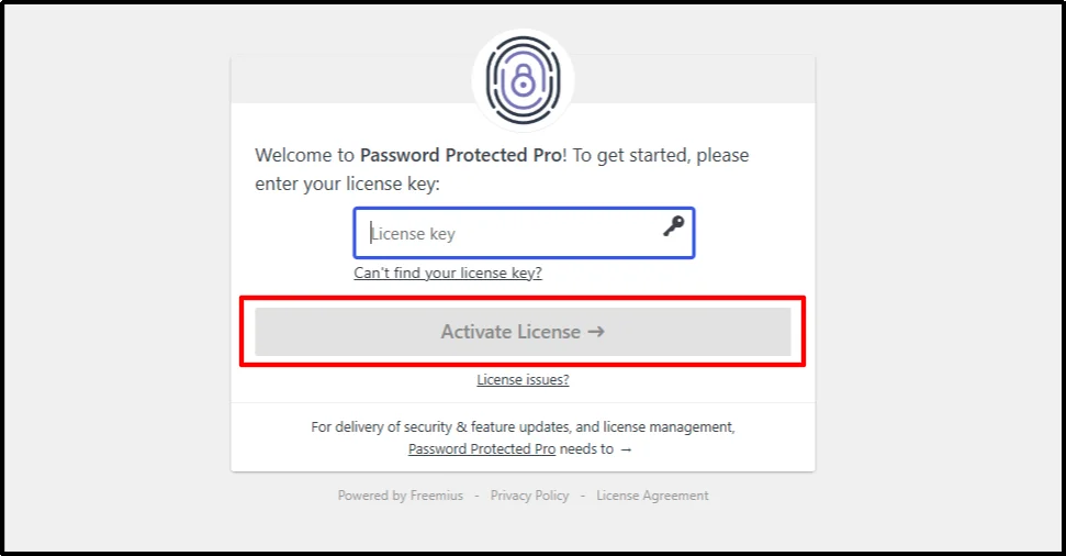 Password Protected Pro license key field with the Activate License button
