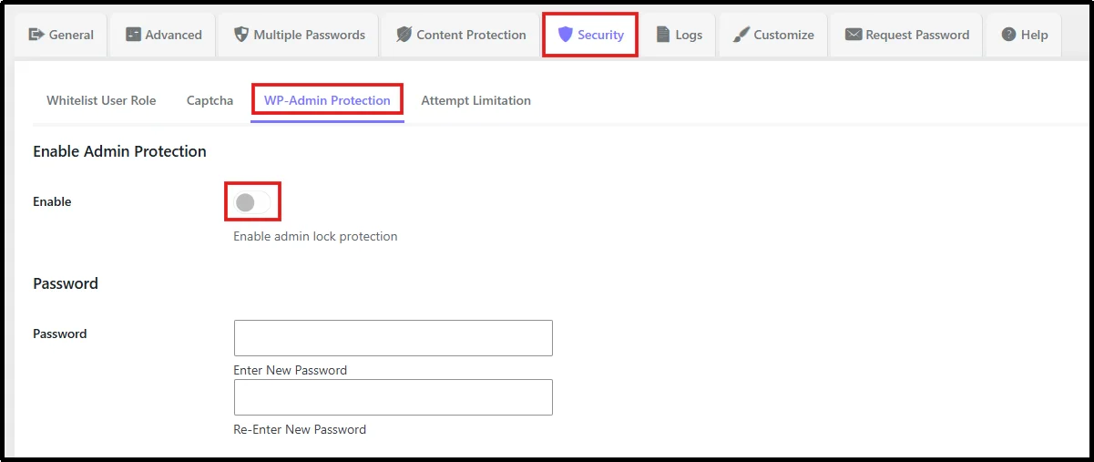 Enable Admin Protection toggle in Password Protected