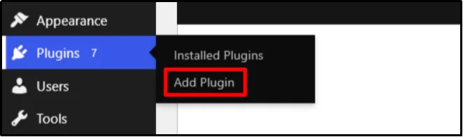 WordPress Plugins menu with the Add Plugin option highlighted